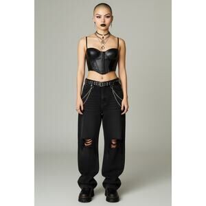 Edgy Goth Black Faux Leather Corset Bustier Club Crop Top Adjustable Straps XS